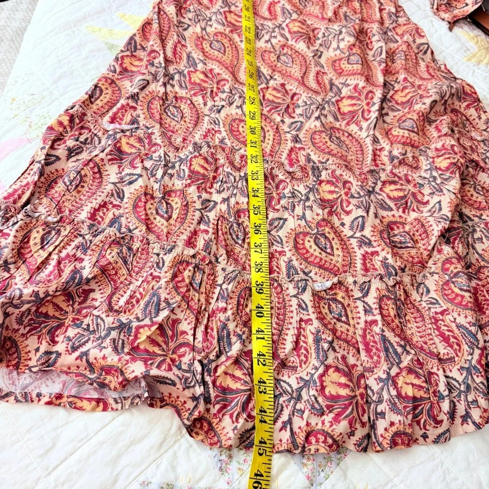 NEW RAGA Naya Embroidered Paisley Midi Dress Beige Red Boho Tiered XS